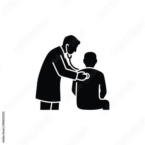 Doctor examines patient in simple black-and-white illustration, showing medical examination with stethoscope and patient sitting upright