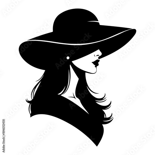 Stylish Woman Silhouette with Hat and Long Hair Over Shoulder, Modern Fashion Vector Design