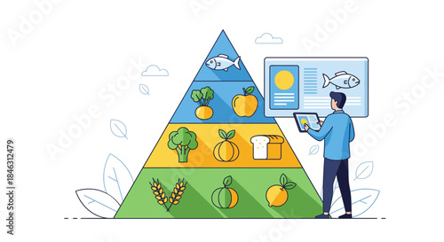 Nutritionist analyzes digital food pyramid data on tablet to guide healthy eating choices for wellness programs
