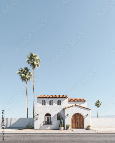 Modern house in a sunny location with a clear sky and palm trees