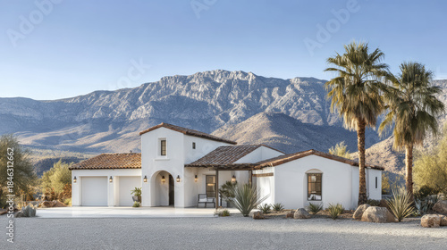 Modern house with desert landscape and mountains in the background during clear daytime