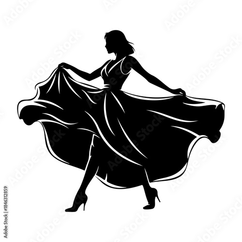 Elegant Female Fashion Silhouette Walking Forward with Flowing Dress