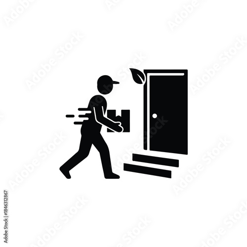 Delivery person walking toward door with package, hat, motion lines, steps, leaf sprouting beside handle