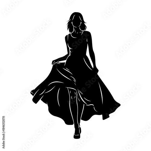 Modern Female Silhouette Walking Forward with Elegant Dress Motion
