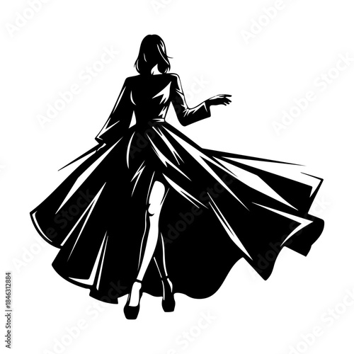 Fashion Model Silhouette Walking with Dynamic Flowing Dress