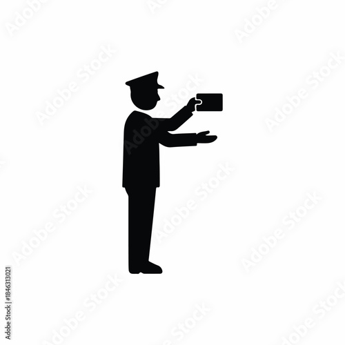 Postalworker silhouette delivering a package to the right, standing in a white background, holding a rectangular package, icon style