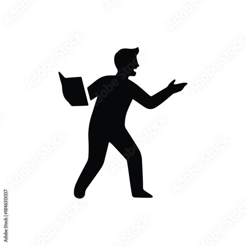 Walking Man Silhouette Icon with Right-Arm Outstretched, Left-Arm Holding Bag, ShortHair, Shirt, Pants on Plain Background