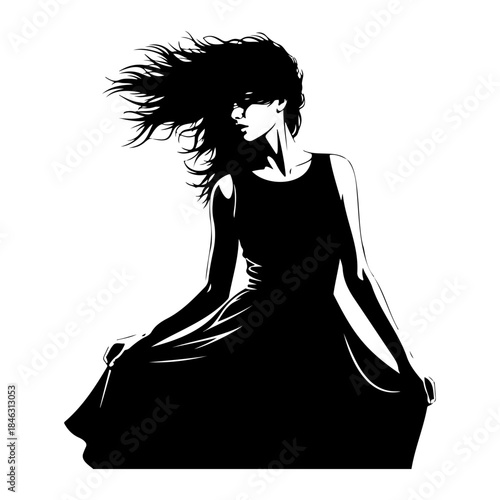 Elegant Female Silhouette with Wind Blown Hair and Dress