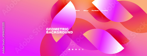 Abstract geometric background. Vibrant pink, purple hues dominate design. Navigation visible at top, text present below shapes. Modern aesthetic.