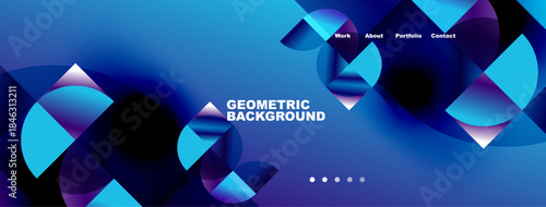 Abstract geometric background features vibrant blue, purple gradients. Text displays Geometric Background with navigation options above. Minimalist design.
