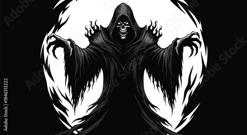 Frightening Grim Reaper Silhouette: Dark Hooded Phantom Vector Spooky Horror Figure