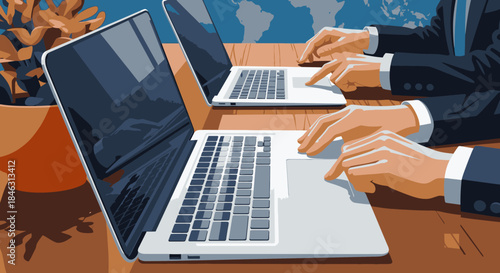 Two business professionals diligently collaborate on their laptops, navigating global markets and digital tasks with focused determination in a modern office setting.