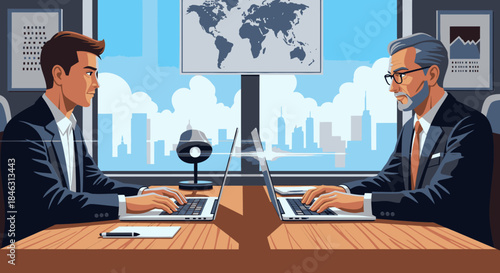 Two professional businessmen diligently work on their laptops in a modern office setting, with a global map and city skyline visible through the large window.