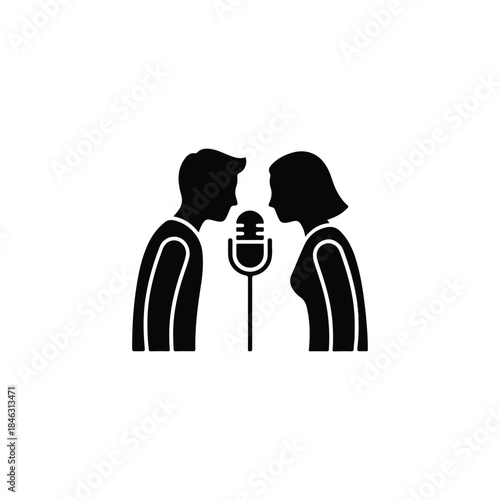 Professional podcast or interview concept man and woman in dialogue with microphone