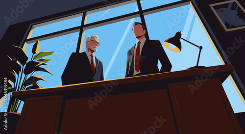 An important executive meeting unfolds between two distinguished gentlemen, standing at a polished desk within a contemporary office space.