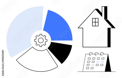 Business analytics, real estate planning, housing market trends, data management, investment strategy, scheduling. Pie chart, house and calendar elements. Business analytics and real estate planning