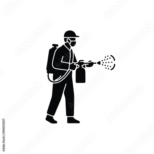 Person in protective suit spraying disinfectant with backpack sprayer