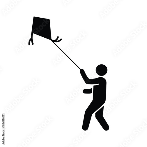 Person flying a kite on a windy day, stick figure illustration