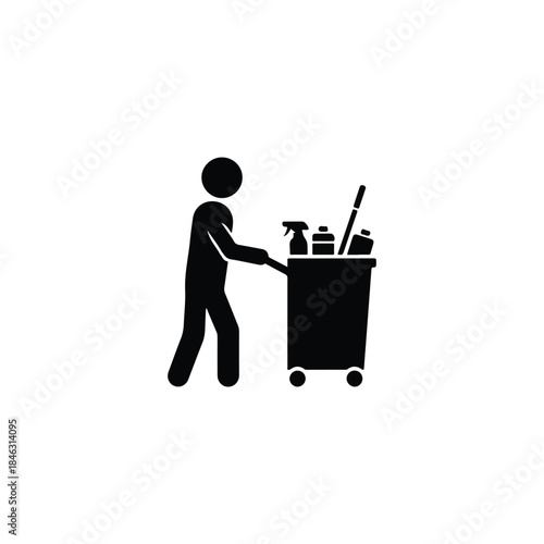 Professional cleaning worker pushing a service cart with essential hygiene supplies, symbolizing facility maintenance and sanitation duties