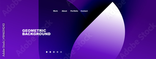 Abstract geometric background. Purple gradients dominate design. Navigation links present. Minimalist aesthetic, modern feel.