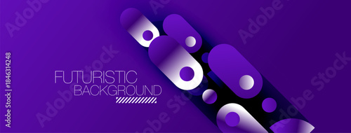 Purple futuristic background features rounded shapes, gradients, dynamic lines. Modern design evokes technology, innovation, depth.