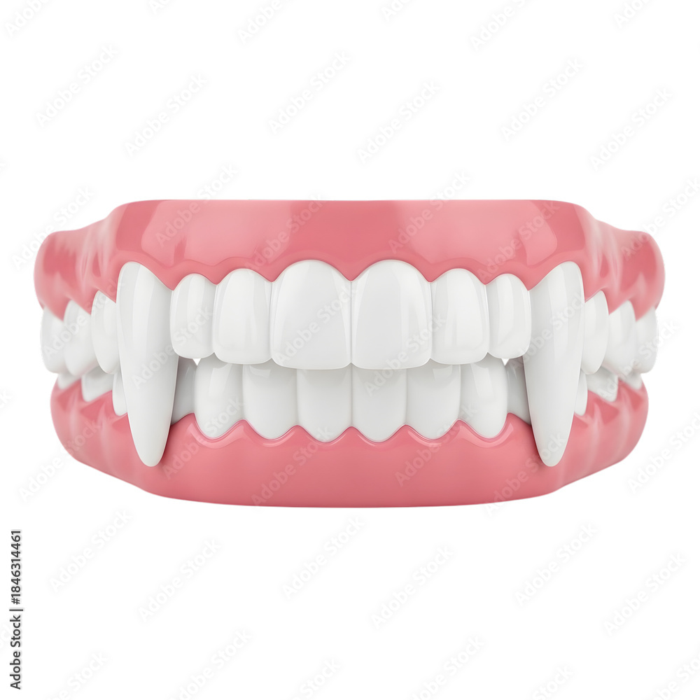 Fototapeta premium Vampire fangs in pink gums isolated on transparent background