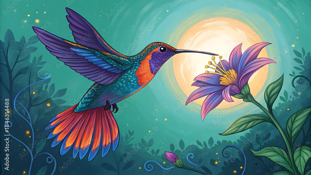 Naklejka premium Vibrant hummingbird with iridescent plumage feeding from a glowing purple flower against a mystical, moonlit turquoise jungle background