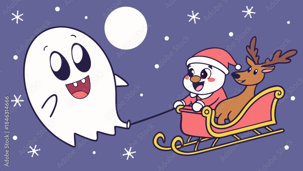 Fototapeta premium Cute ghost pulling a snowman Santa's sleigh with a reindeer under a full moon and falling snowflakes.