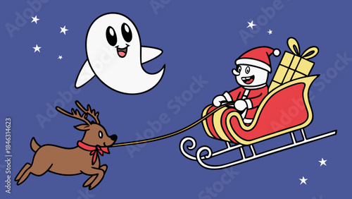 A cute ghost floats alongside Santa Claus in a sleigh pulled by a reindeer under a starry night sky.