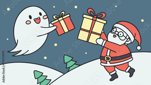 A cute ghost and Santa Claus joyfully exchange Christmas presents in a charming snowy winter landscape at night.