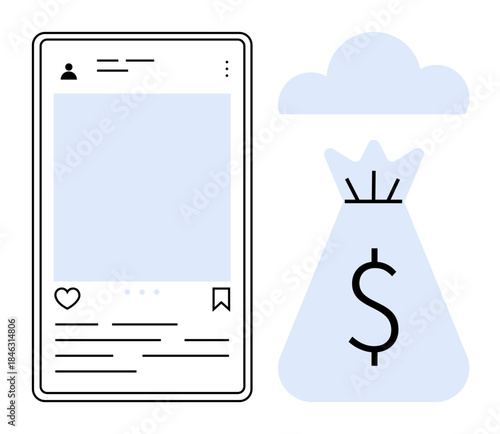 Social media interface with heart, bookmark, and comment icons next to a money bag symbol and cloud icon. Ideal for digital marketing, financial growth, e-commerce, monetization, online business