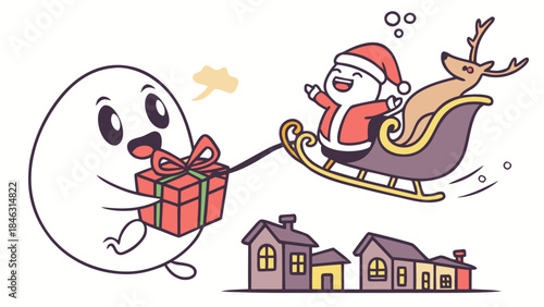 Illustration Santa Claus, reindeer and cute Chrismast ghost meet while flying sleight distribute Christmas gifts to all residents 