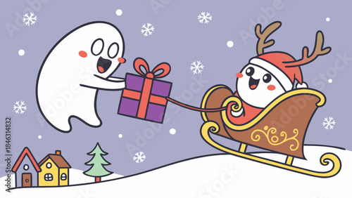 santa claus and cute Chrismast ghost meet while flying sleight distribute Christmas gifts to all residents at the night Christmas eve in the star