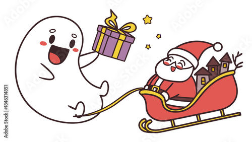santa claus with and cute Chrismast ghost meet while flying sleight distribute Christmas gifts to all residents 