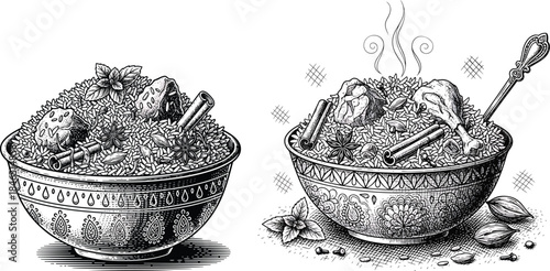Indian Biryani Etching Engraving Style Vector Icon Set Isolated Traditional Spicy Rice Food Illustration