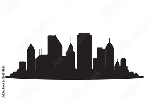  A simple black silhouette illustration of a modern city skyline against a clean white background.