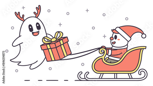 santa claus and cute Chrismast ghost meet while flying to distribute Christmas gifts to all residents 