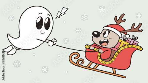 A cute cartoon ghost pulls a sleigh with a dog dressed as Santa, surrounded by falling snowflakes and presents.