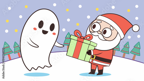 santa claus and the cute Chrismast ghost meet while   distribute Christmas gifts 
