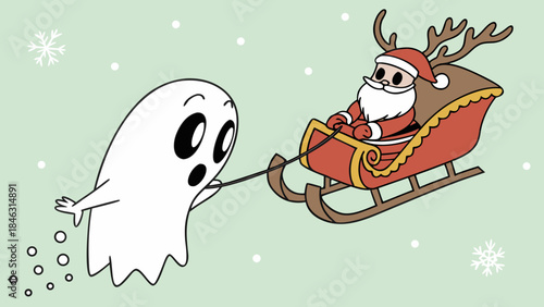 santa claus and cute the Chrismast ghost meet while flying on a sleight to distribute Christmas gifts 