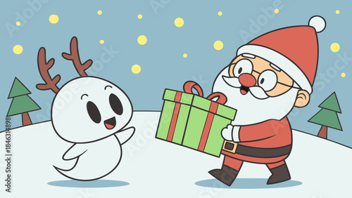 santa claus and cute Chrismast ghost distribute Christmas gifts to all residents 