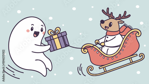 A cute ghost is giving a gift to a reindeer pulling a sleigh in a snowy winter scene.