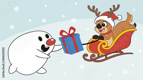 A cheerful cartoon snowman-like character with a red nose gives a blue Christmas gift to a reindeer in a sleigh during a snowy winter day.