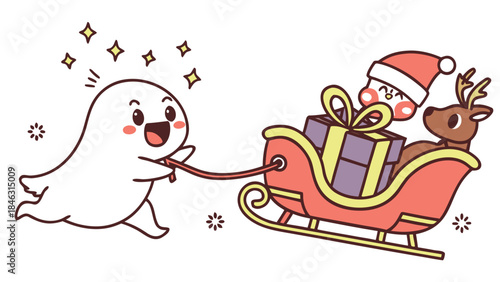 funny monster cartoon and Santa Claus flyng give box Chrismast 