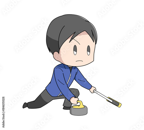 カーリングのストーンを投げる男性のイラスト