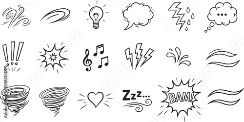 Manga expression with speech bubbles, lightning and music sound minimal icons, emotion and motion comic hand drawn elements, stars and swirls for comics and media. Vector set.eps
