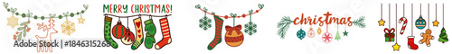 Christmas Hanging Garland Set with Stockings, Holly Leaves, Stars, Candy Canes, Bells and Festive Text, String and Rope