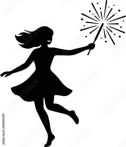 Woman Holding Sparkler Silhouette. New Year 2026 Party Celebration Vector Illustration Isolated on White Background