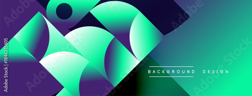 Abstract geometric shapes blend vibrant purple, turquoise hues. Modern design evokes fluid motion, dynamic composition. Background features gradient effect.