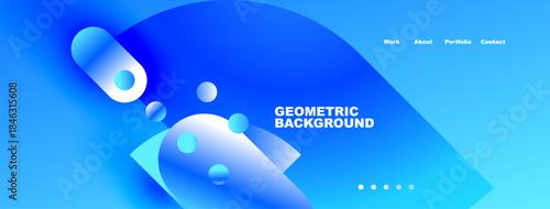 Bright blue abstract shapes create dynamic background. Text elements present work, about, portfolio, contact details. Modern design.